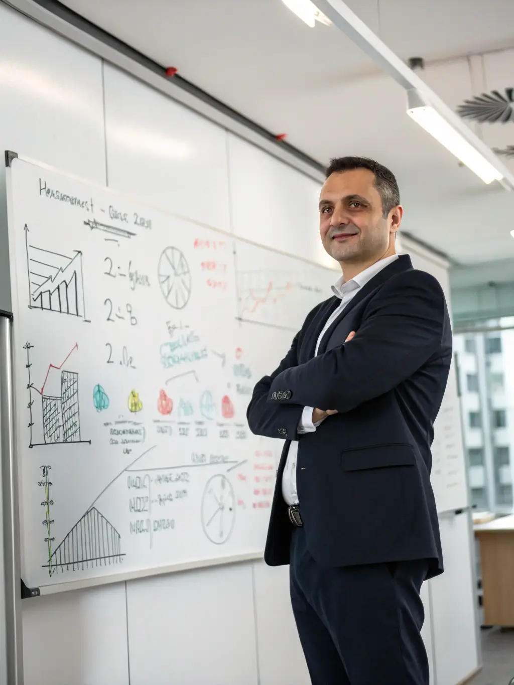 A professional business coach in a suit, smiling confidently while pointing at a strategic plan on a whiteboard during a coaching session.