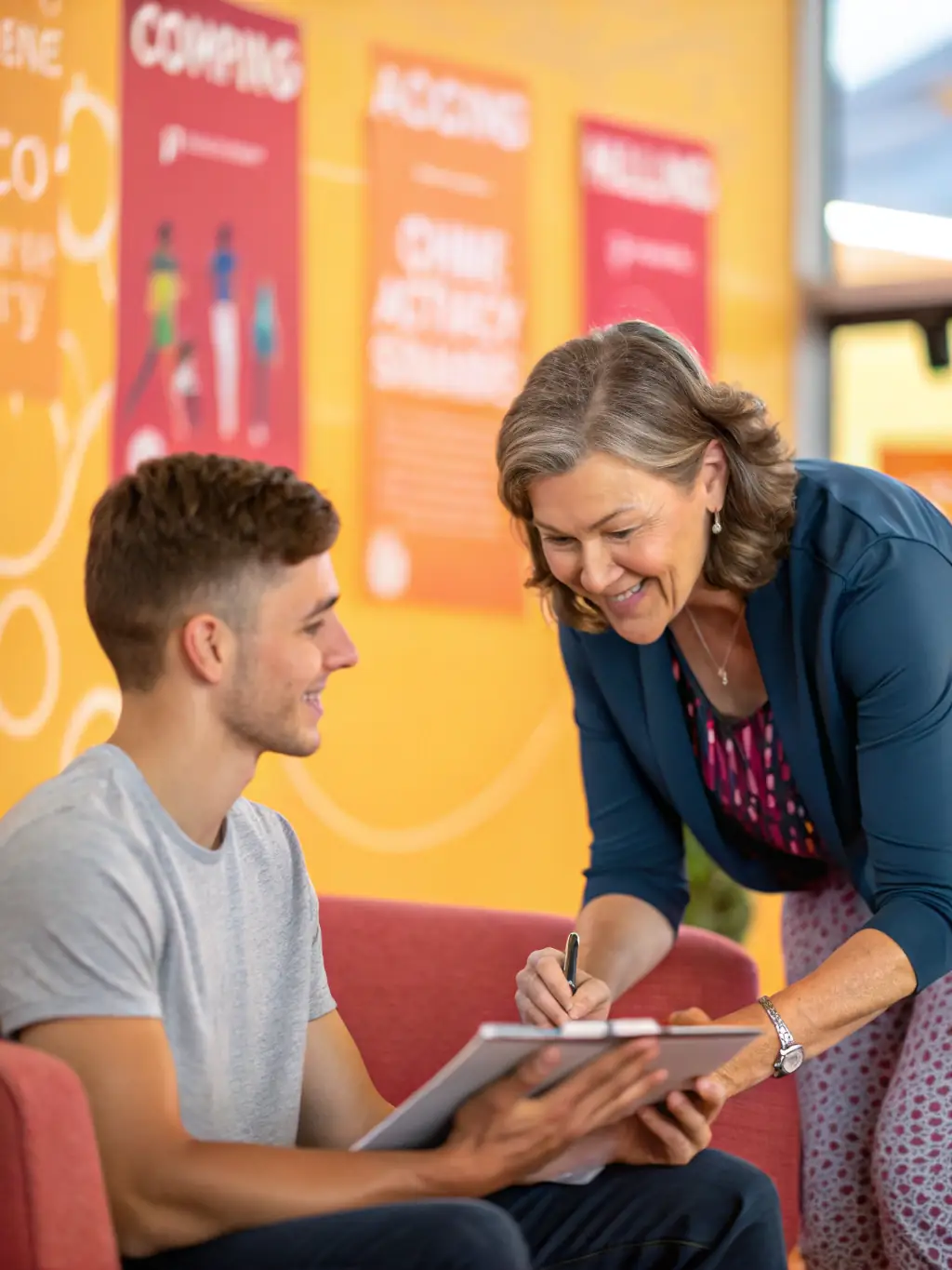 A coach guiding an individual through a mindset development session, fostering positive thinking and resilience to overcome challenges.