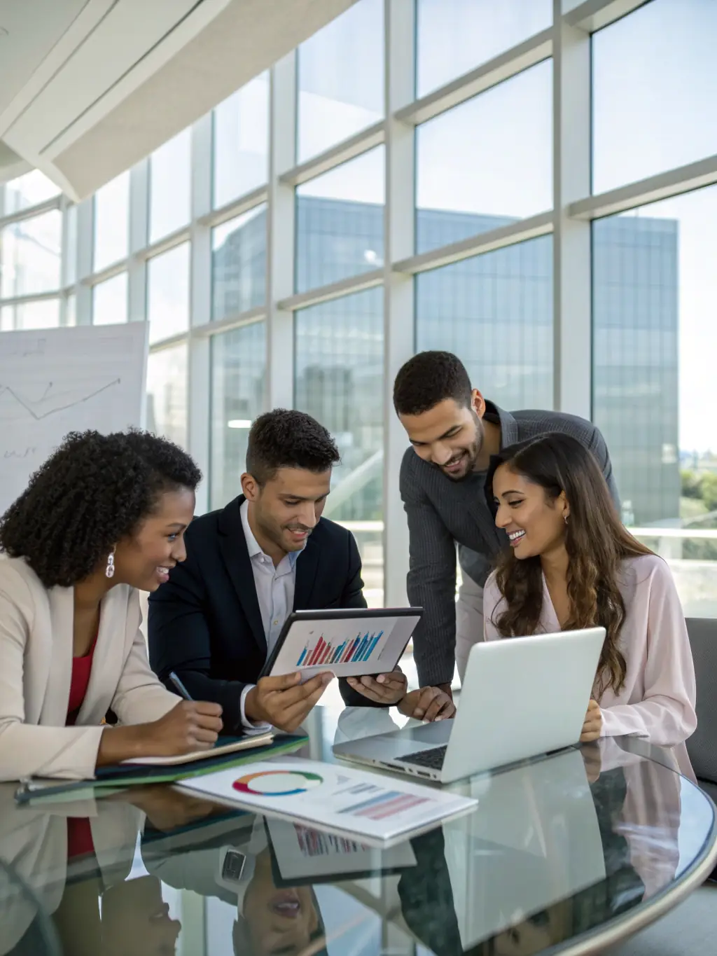 A diverse team collaborating in a modern office space, symbolizing the impact of effective leadership and strategic decision-making.