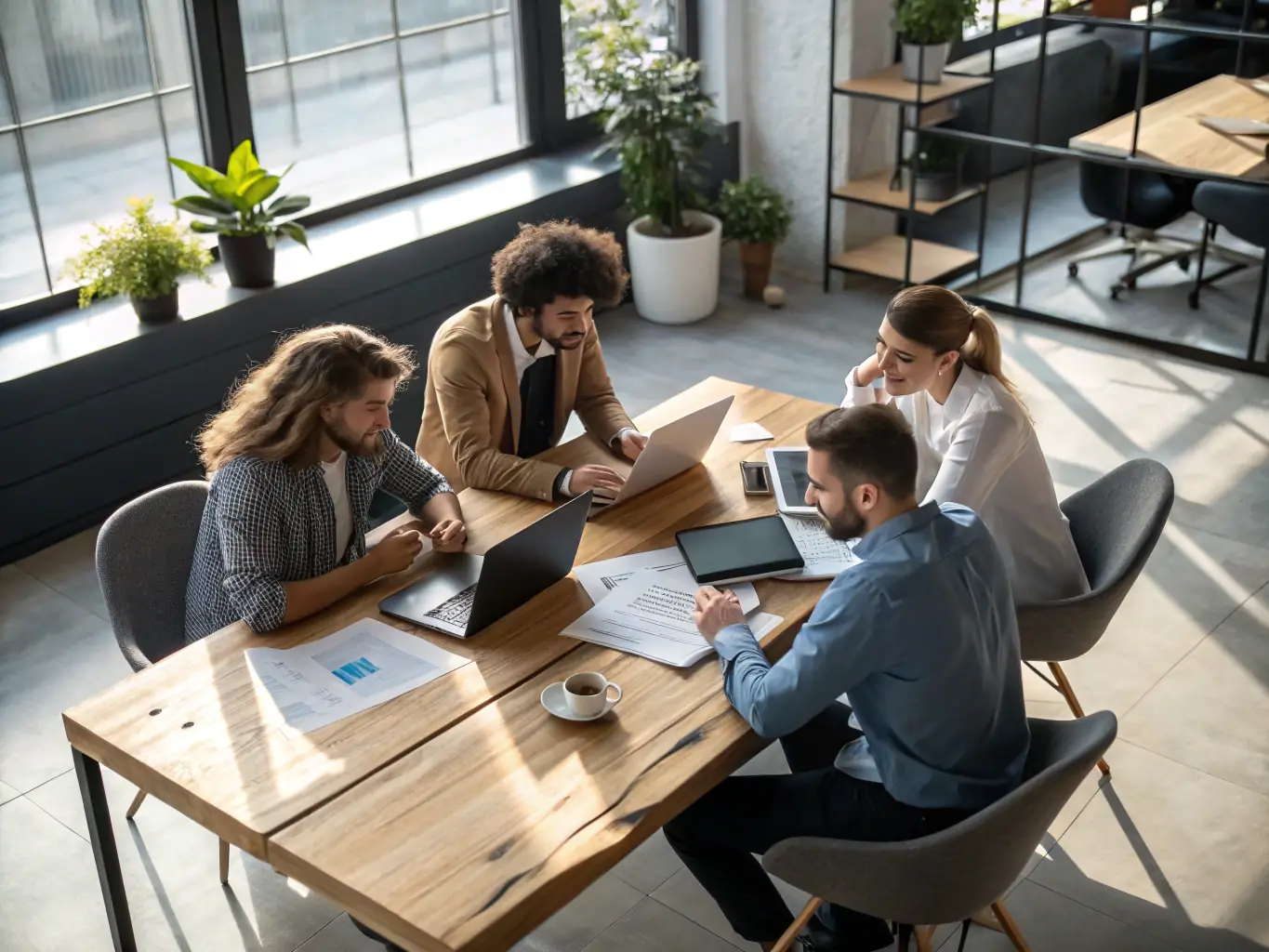 A group workshop setting with participants engaging in discussions and activities led by a coach, in a bright and modern co-working space in Manchester.